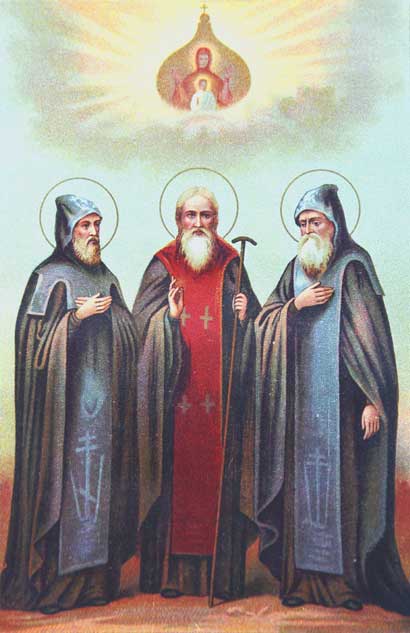 • Преподобные Зосима, Савватий и Герман, Соловецкие чудотворцы. Литография, 1906г